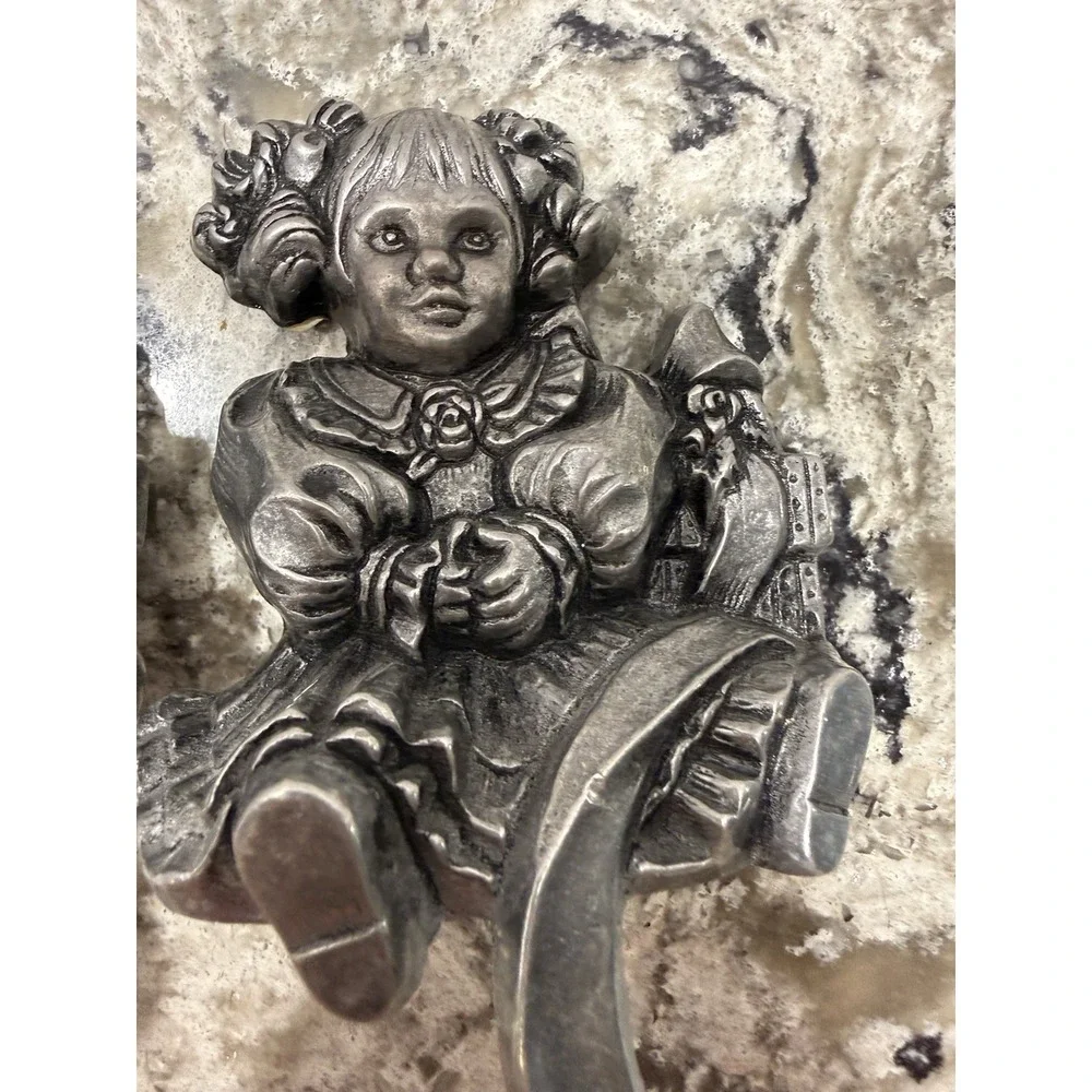 2 Carson Pewter Doll Christmas Stocking Hook Hangers Mantle Holiday Decor VTG